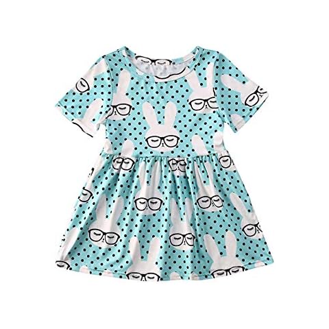 Toddler Baby Girls Easter Dress Short Sleeve Cute Bunny Dress with Bowknot O-Neck Baby Summer Casual A-line Dress Sisters Matching Easter Party Dress for Baby Girl 1-6 Years (Blue, 3-4 Years) Cover
