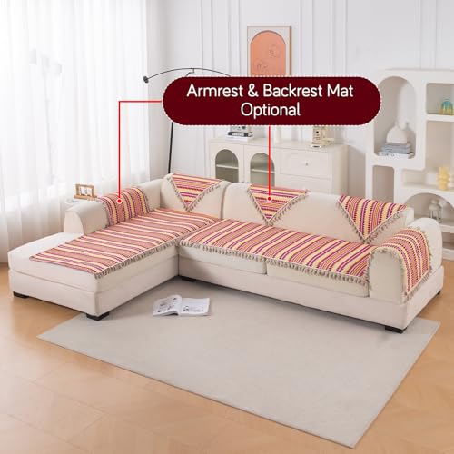 Image of HOKIPO 'Artisan Boho Series' L Shape (2+2 Seater) Seat Mat for Sofa | Thick 450 GSM Cotton Acrylic Jacquard Fabric Cover with Tassel, Ruby Red (IN-902+903-A6)