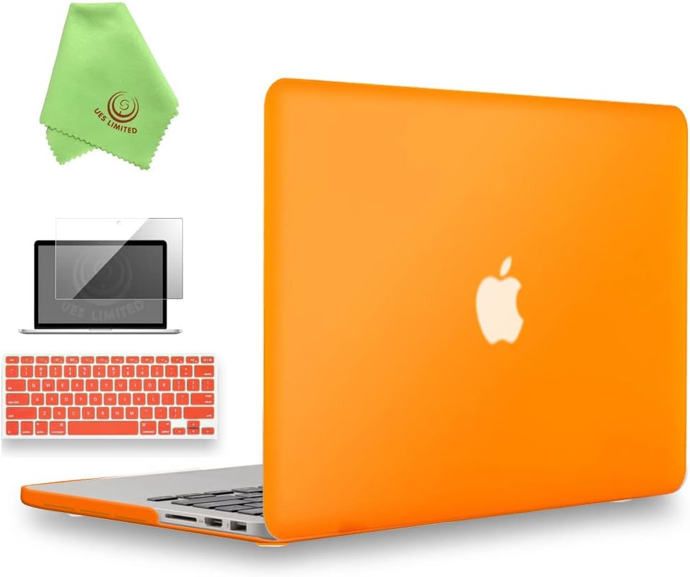 UESWILL 3 in 1 Matte Hard Case Compatible with MacBook Pro (Retina, 15 inch, Mid 2012/2013/2014/Mid 2015), Model A1398, NO CD-ROM, NO Touch Bar + Keyboard Cover and Screen Protector, Orange