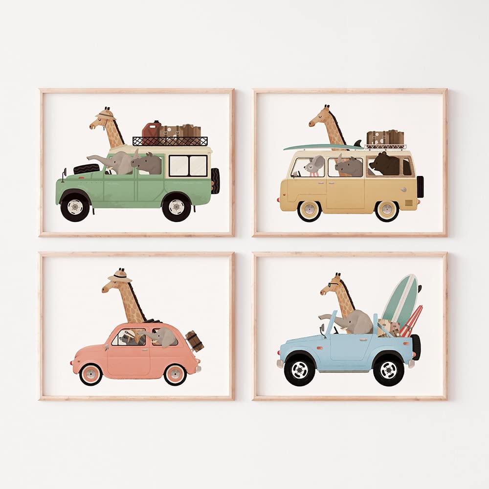 Youihom 4 Laminas Decorativas Pared Niños Automobile Cuadro Animales Habitacion Infantil Lienzo Dormitorio Niña Poster Pared Bebe Cuadros Infantiles 21 x 30 cm sin Marco