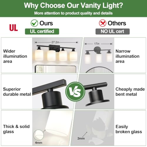 Image of MOKATNG 4-Light Bathroom Light Fixtures, Vanity Light with Milky White Shades, Matte Black Bathroom Light Fixtures Over Mirror, Modern Bathroom Wall Lamp for Mirror Living Room Cabinet Bedroom