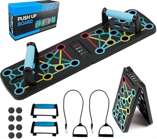 Push Up Board, 17 in 1 Faltbare Liegestütz Brett mit Handgriff, Multi-Funktions Portable Liegestützgestell Effektiv Trainieren die Muskeln für Männer Frauen mit 2 Elastisches Widerstandsseil