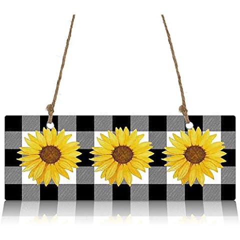 Wooden Hanging Wall Decor Sign-Farm Sunflower Buffalo Plaid Black and White,Welcome Door Hanging Sign Home Decor Wall Art Plaque Sign for Living Room Kitchen Farmhouse Cover