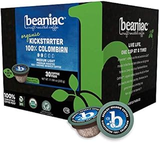 beaniac Organic Kickstarter 100% Colombian | Medium Roast, Single Serve Coffee K Cup Pods | Rainforest Alliance Certified | 30 Compostable, Plant-Based Coffee Pods | Keurig Brewer Compatible