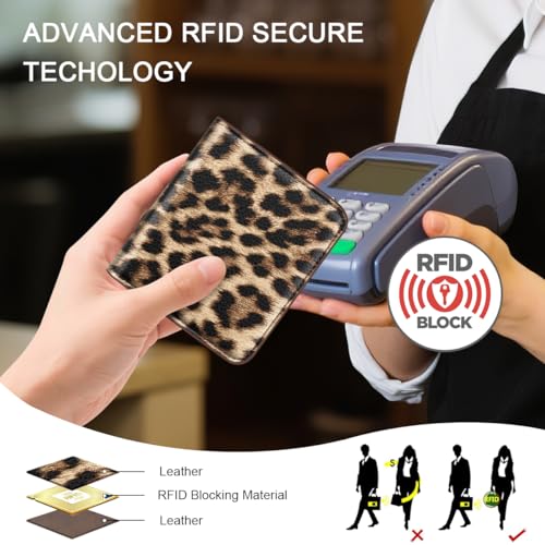 Image of Leopard Womens Wallet Small Thin Credit Card Holder Mini Purse | Slim Women RFID Blocking Bifold Cheetah Wallets Ladies Pocket Card Holders for Travel & Daily Use