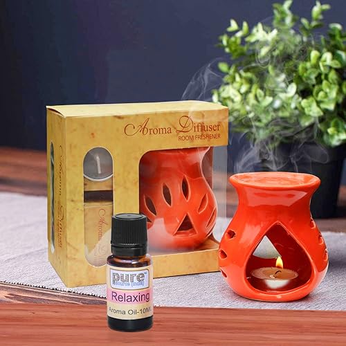 Image of Pure Source India Ceramic Aroma Oil Diffuser Gift Set with 10ML Relaxing Oil & Tealight Candles | 97 Burner for Home Fragrance & Relaxation | Ideal for Gifting & Home Decor (Orange)