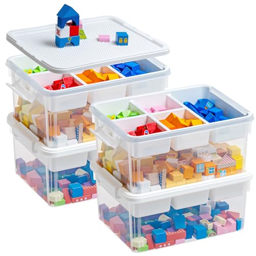 Image of Citylife 17 QT Storage Bins with Building Baseplate Lid and Removable Tray Large Plastic Storage Bins Lego Organizers and Storage Bead, Tool, Sewing, 4 Packs