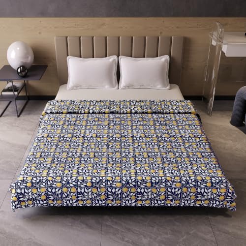 Image of Divine Casa Glace Cotton Double Bed Dohar | 120 GSM Lightweight AC Blanket | Reversible Printed Summer Quilt | 220 x 205 CM, Navy Blue & Mustard Yellow