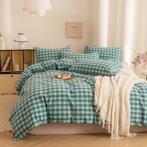 Image of ECOCOTT Grid Plaid Duvet Cover Queen Size -100% Washed Cotton Linen Like Textured Breathable Durable Soft Comfy Bedding Set Mini Green Blue Plaid Comforter Cover