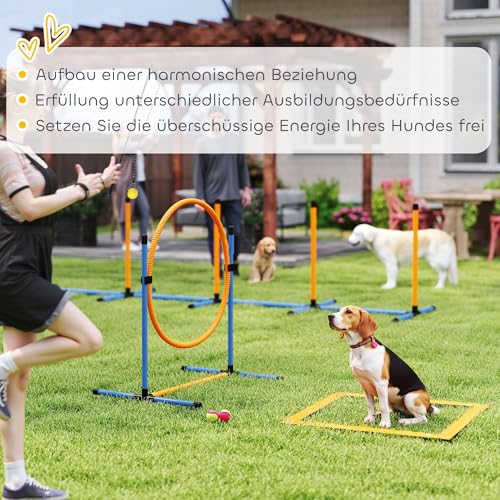 PawHut Agility Set Hunde 7-teilig Agility-Ausrüstung für Hundetraining Steckhürdenset mit Slalomstangen Sprunghoop 2 Bälle höhenverstellbar Hürden Koordinationstraining für Spiele Training