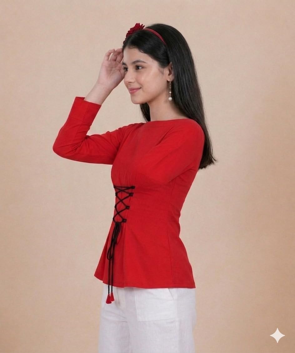 ORIEX THE ORIGINAL FASHION OX-Girls Front DORI TIE UP Boat Neck TOP-191 RED 11-12Y 2