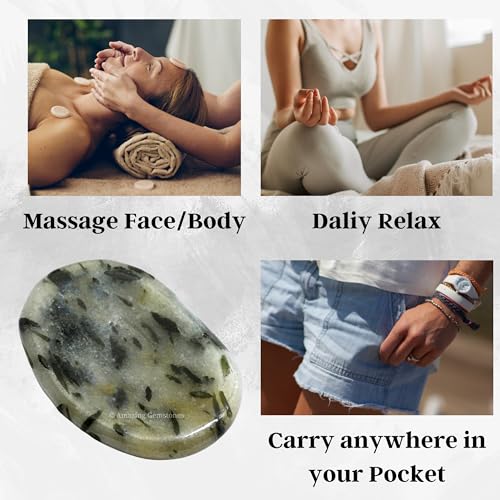 Image of Amazing Gemstone Green Tourmaline in Quartz Worry Stone Crystals and Healing Stones - Worry Stones for Stress Relief Gift - Piedra Crystal Fidget for Meditation - Stocking Stuffers and Birthday Gift