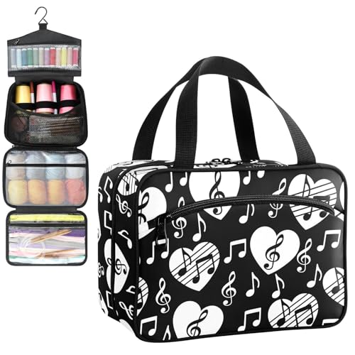 YNNALE Sewing Supply Organizer Bag, Black and White Music Note Heart Portable Sewing Bags with Pockets&Hanger, Sewing Storage Box Case for Sew Supplies/Kit/Tools/Accessories (BAG ONLY)