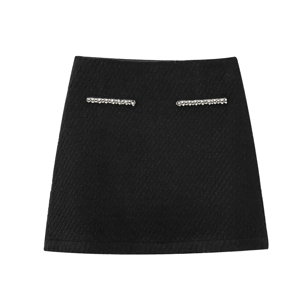 Women Casual Tweed Black Suit Rhinestones Beaded Crewneck Blazer Mini Straight Skirt Set