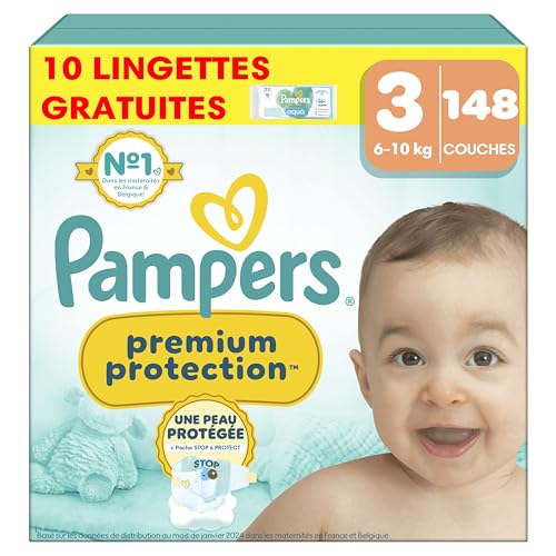 Pampers Premium Protection Taille 3, 148 Couches, 6-10kg, Double Protection Pour La Peau et Contre Les Fuites + 10...