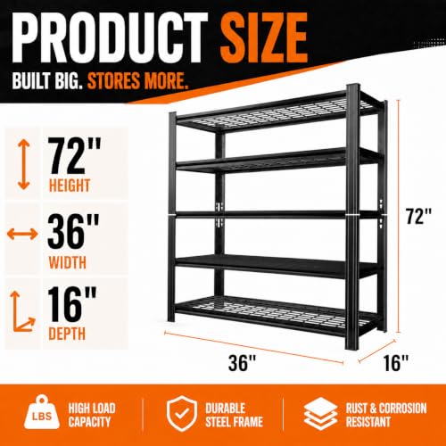 Image of Wire Garage Shelving, 36 inch Wx16 inch Dx72 inch H Metal Storage Shelf, 2-in-1 5-Tier Adjustable 2500 lbs Heavy Duty Shelves Unit, Upgraded Reinforced Double-Layer Columns for Garage Basement Kitchen