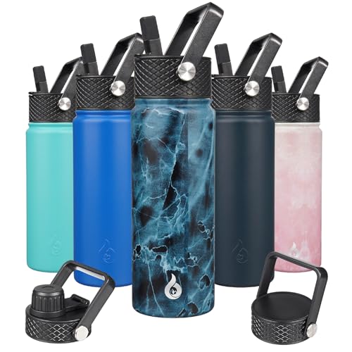 BJPKPK Insulated Water Bottles with Straw Lid, 22oz Cold & Hot Thermo, Stainless Steel Metal Water Bottle with 3 Lids, Reusable Thermo, Cups, Mugs for Daily Use-Ocean