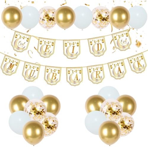 Eid Mubarak Balloons Decorations for Home 2026-80PCS White Gold Ramadan Balloons with Eid Mubarak Banner Bunting, Ramadan Mubarak Decorations for Home, Eid Festival Party Supplies