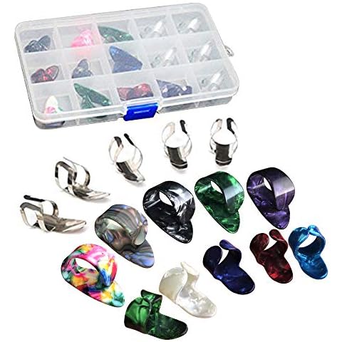 15pcs Stainless Steel Celluloid Thumb Finger Guitar Picks Plectrum + 15 Grid Case Storage Box Cover