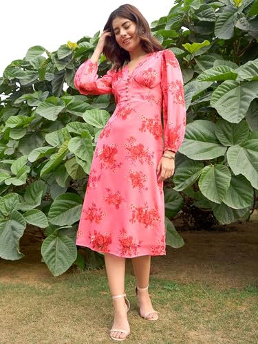 Image of RARE Women's Polyester A-Line Midi Dress (EP8128A Pink