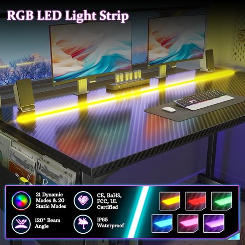 Image of DurayLoly 32 inch Gaming Desk with Waterproof LED Lights, Carbon Fiber Desktop for Small Spaces | Home Office Study Computer Desk with Storage Bag & Headphone Hook, Black