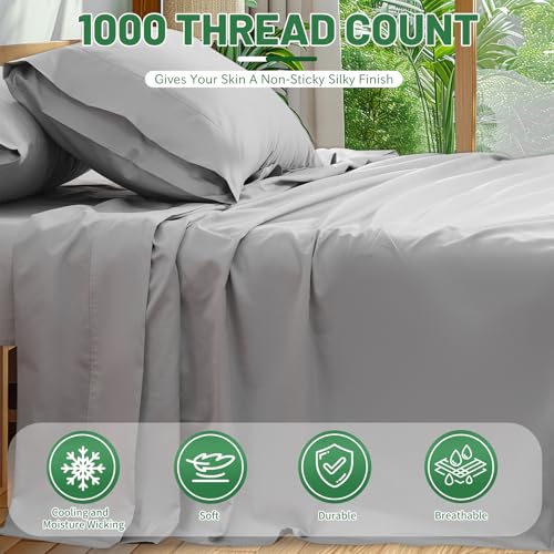 Image of 100% Egyptian Cotton Sheets Cal King Sheet Set 4PCS 1000 Thread Count Sateen Weave Soft Breathable 16-Inch Deep Pocket(California King,Grey)