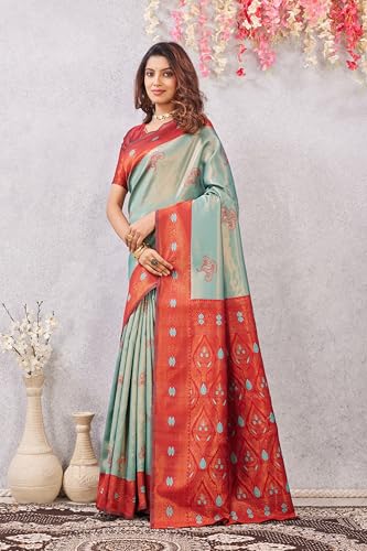 Image of Women's Banarasi Silk Saree with Rich Pallu, Jacquard Zari Weaving Work & Unstitched Blouse Piece, Traditional Ethnic for Wedding, Party & Festive Occasion