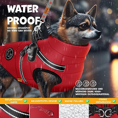 LOVPET® Hundejacke Hundemantel mit Geschirr, inkl. 45 Stück Kotbeutel + Spender, Hunde Winterweste gefüttert wasserdicht, Gepolsterte Weste Mit Brustgurt, Reflektoren, D-Ring L, Bordeaux Rot