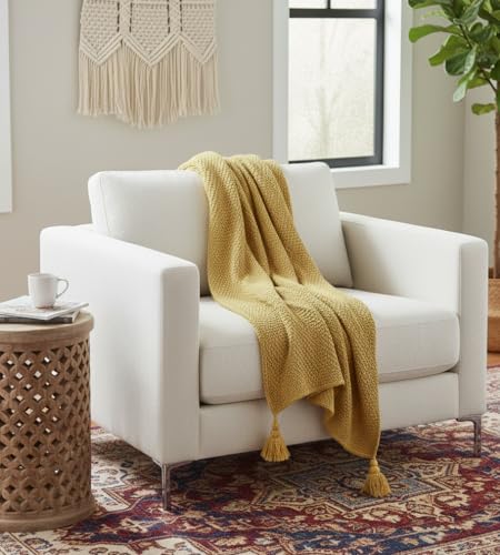 Image of Furnistitchs Plain Solid Knitted Sofa Throw Blanket 50x60 inches / 125x150 cms| Cotton Plain Knit with Tassels | Aesthetic Bohemian Decorative Couch Throws for Living Room & Bedroom (Mustard)