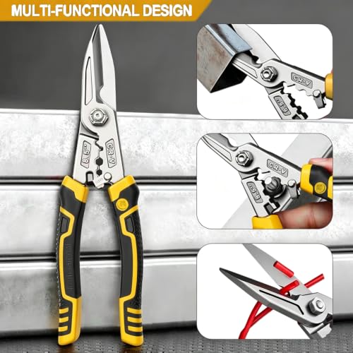Image of Heavy Duty Industrial Scissors 8.5'', Utility Sharp Aviation Tin Snips, Finely Serrated CR-V Blades with Safety Lock, for Cutting Wires, Cardboard, Plastic, Carpet,red (Yellow)