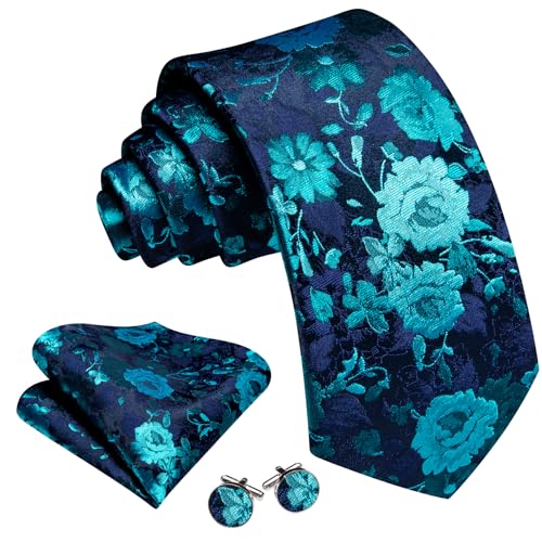 Image of Barry.Wang Flower Ties for Men Handkerchief Cufflinks Set Wedding Necktie Set Party