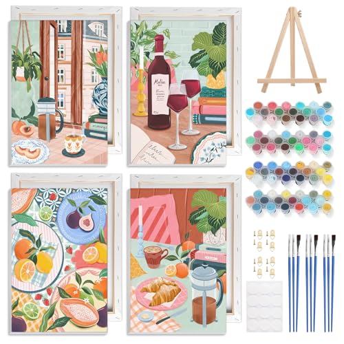 NAIMOER 4 Stück Essen Malen Nach Zahlen mit Rahmen Erwachsene Kinder, Kaffee Malen Nach Zahlen Küchenmotive, Acrylpigment Paint by Numbers Cocktail Geschenke 20x30cm