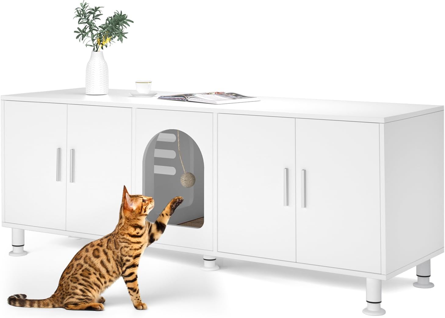 Amunbrek Double Litter Box Enclosure with Cat Scratch Mat & Motion Sensor Light, Modern Wooden Litter Box TV Stand for 2 Litter Boxes (White)