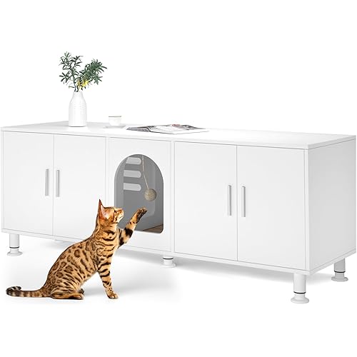 Double Litter Box Enclosure with Cat Scratch Mat & Motion Sensor Light, Wooden Litter Box TV Stand for 2 Litter Boxes & 2 Cats (White)