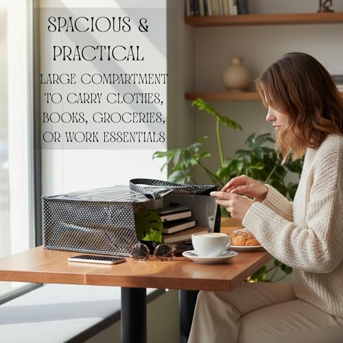 Image of Multipurpose Tote Bag - Black with White Dots | Large Waterproof PVC Mesh Picnic Bag | Reusable Shopping Bag for Groceries, Travel, Beach, Outdoor & Daily Use | Stylish Carry Handbag
