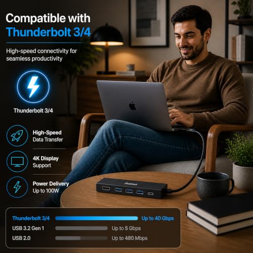 Image of HAMA 6-in-1 USB-C Hub /Docking Station with 4K 30Hz HDMI, Gigabit Ethernet, 3 x USB 3.2 Gen 1 Ports, 100W PD Charging, USB-C Multiport Adapter for Laptop, MacBook, PC & Tablet - 5 Year Warranty