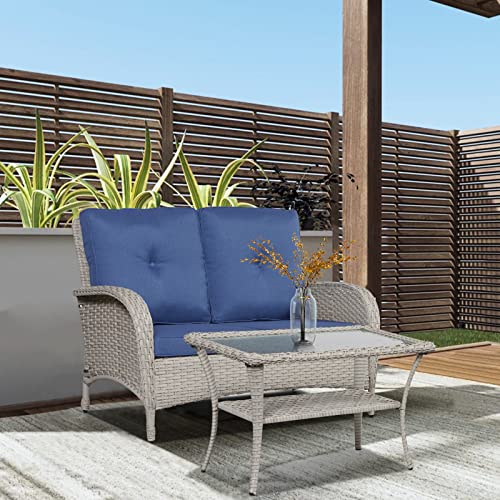 Patio-Conversation-Sets-Wicker-Furniture-7-PCS-Outdoor-Swivel-Rocker-Furniture-Set-for-Patio-Deck-Poolside-2-Swivel-Rockers-2-Club-Chairs-2-Rattan-Tables-1-Loveseat-Included-Blue-Cushion Patio Conversation Sets Wicker Furniture 7 PCS Outdoor Swivel Rocker Furniture Set for Patio Deck Poolside 2 Swivel Rockers 2 Club Chairs 2 Rattan Tables 1 Loveseat Included Blue Cushion