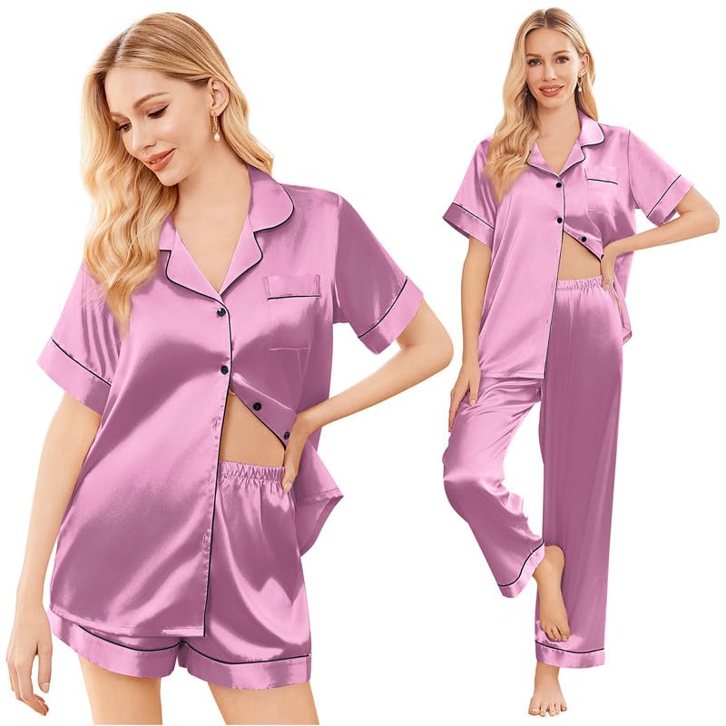 Image of Ekouaer Silk Pajamas for Women Set Satin Soft Short Sleeve Button Down Pjs