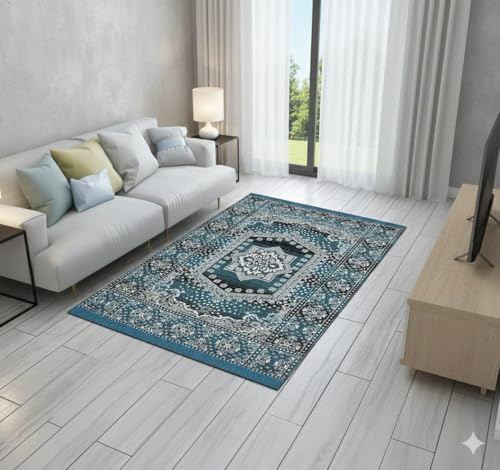 Image of TijanePremium Cotton Carpet 4X6 feet Mult Colour for Living Room, Hall & Kitche | Carpet mat /Area Rug /Carpet & Rug /Carpet for Floor /Kalin & Dhuurie | Square i (Aqua)