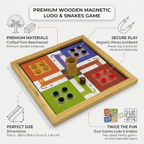 Image of Wooden Magnetic 2-in-1 Ludo and Snakes & Ladders Board Game, Antique & Beechwood, Reversible, Portable, 26.5x26.5 cm, with Tokens and Dice (10 Inches Beech Wood Brown)
