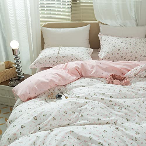 Image of VM VOUGEMARKET Pink White Duvet Cover Queen 100% Cotton Girls Flower Bedding Set Aesthetic Princess Style Reversible Duvet Cover Set with Zipper &Ties(3 pcs,Queen)