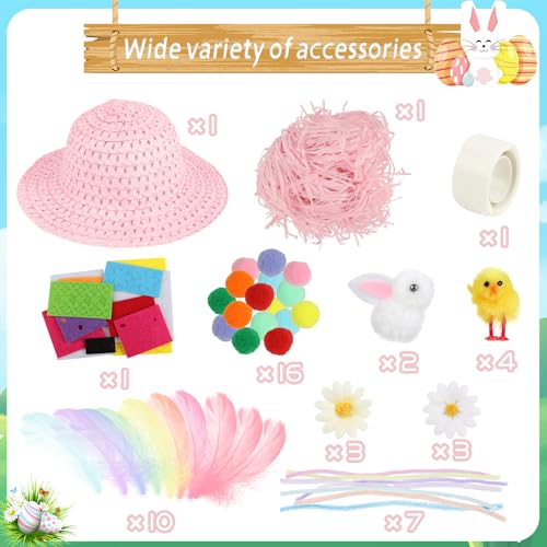 SULOLI Easter Bonnet Decorations Kit,Easter Hats to Decorate Make Your Own Easter Bonnet Easter Bonnet Hat for Kids Easter Bonnet Making Kit for Girls(Pink) - Image 2