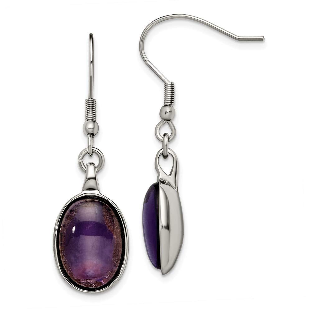 Solid Stainless Steel Synthetic Amethyst Purple February Gemstone Earrings - 38mm x 11mm