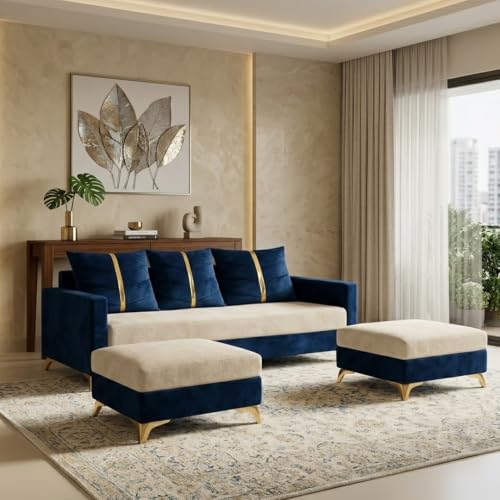 Image of Caviar 5 Seater L Shape Sofa Set with 2 Movable Ottomans | Flexible Layout | Luxury Velvet Suede Fabric | Modern Living Room Sofa | Dark Blue-Cream
