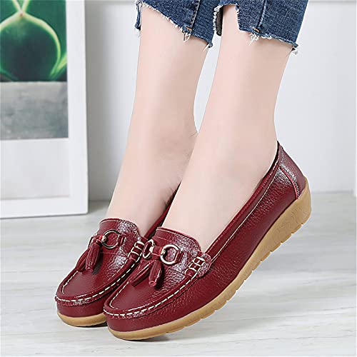 Image of Women Loafers Leather Rubber Sole Slip On Walking Flats Casual Moccasin Boat Shoes