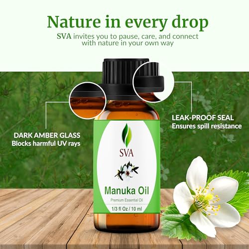 Image of SVA Manuka Essential Oil 1 /3 Fl Oz - for Diffuser, Skin & Hair Care - Ideal for Massage & DIY Blends - with Dropper