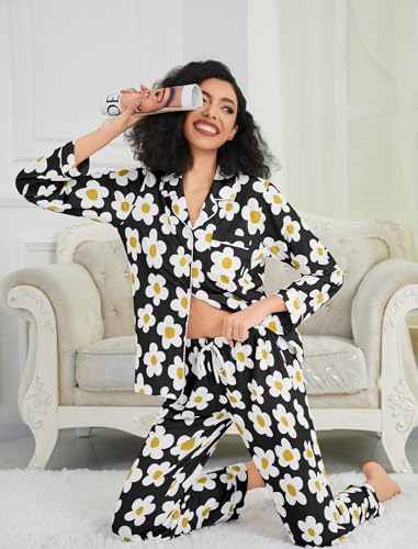 Image of SWOMOG Womens Pajamas Set Long Sleeve Sleepwear Button Down Nightwear Soft Cotton Pj Lounge Sets