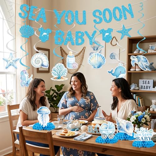 Image of Under The Sea Party Decorations - 14 Pcs Sea You Soon Baby Shower Banner Hanging Swirls Honeycomb Decorations, Blue Summer Ocean Seashell Theme Decor Supplies for Boys Girls