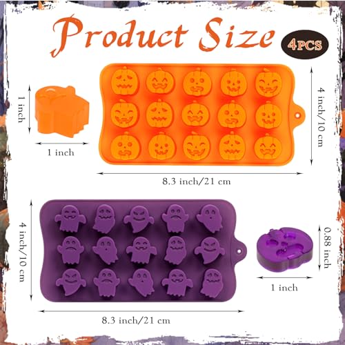 Image of 4 Pcs Halloween Silicone Molds, Halloween Pumpkin Molds, Ghost Chocolate Mold for DIY Cake, Chocolate, Candy, Jelly, Wax Melt, Ice Cubes