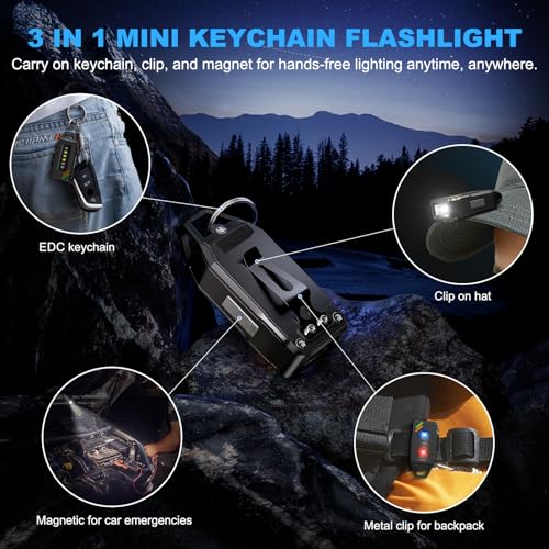 Mini Flashlight Keychain with Red/UV/Black Light, 500 Lumens Small EDC Flashlight Rechargeable with 9 Modes & Waterproof, Mini Pocket Flashlight Magnetic with Clip, Flash Light for Emergency, Fishing